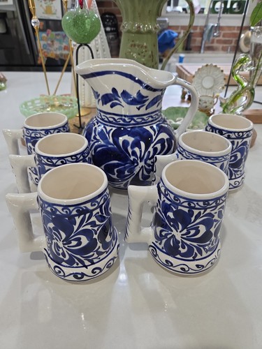 Vintage blue white pitcher - &,
